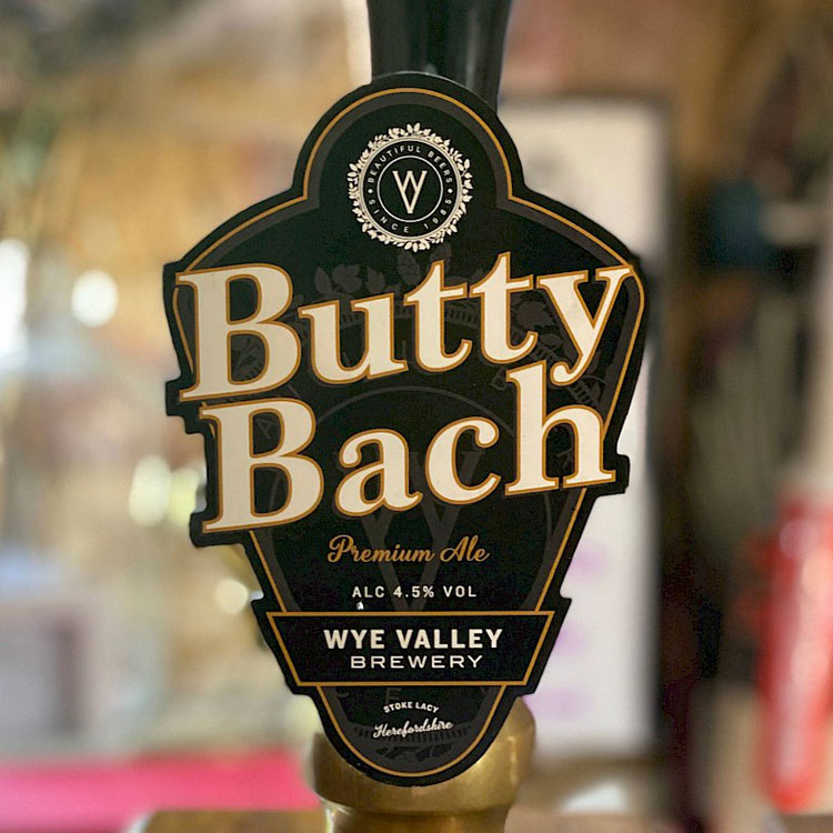 Butty Bach ale produced by Wye Valley Brewery served at The Lion Inn country pub in Worcestershire